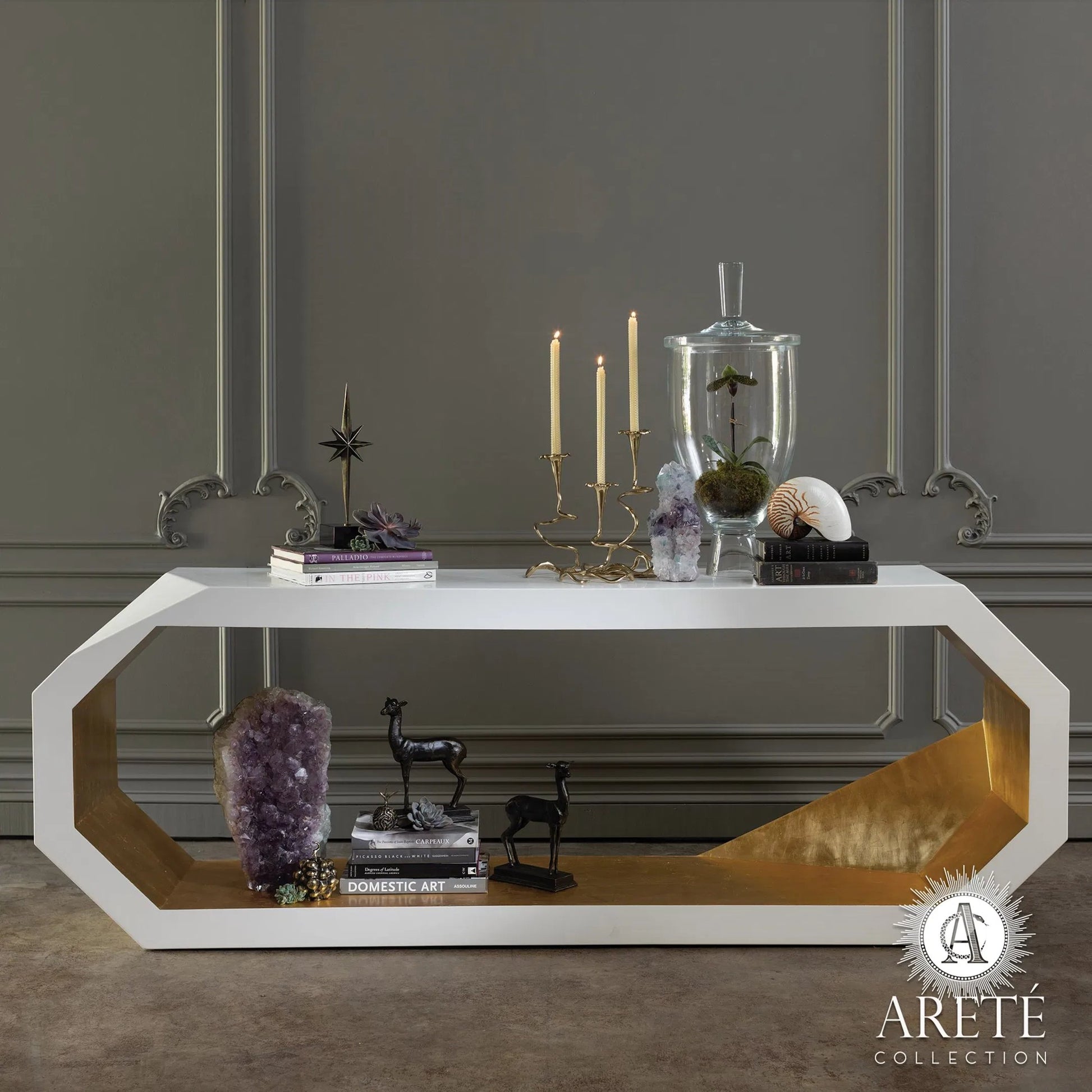 Facet Console by Global Views in gold leaf, polyurethane lacquer inner wood, ivory, polyurethane lacquer outer wood. Made from mdf, pine in a modern style.
