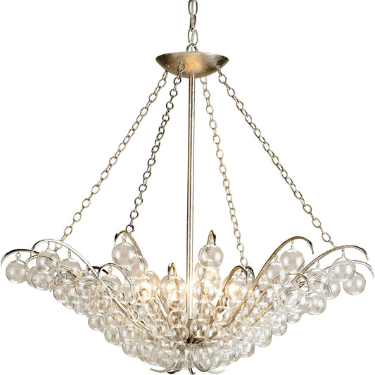 Quantum Chandelier by Currey and Company in contemporary silver leaf. Made from wrought iron, glass in a traditional style.