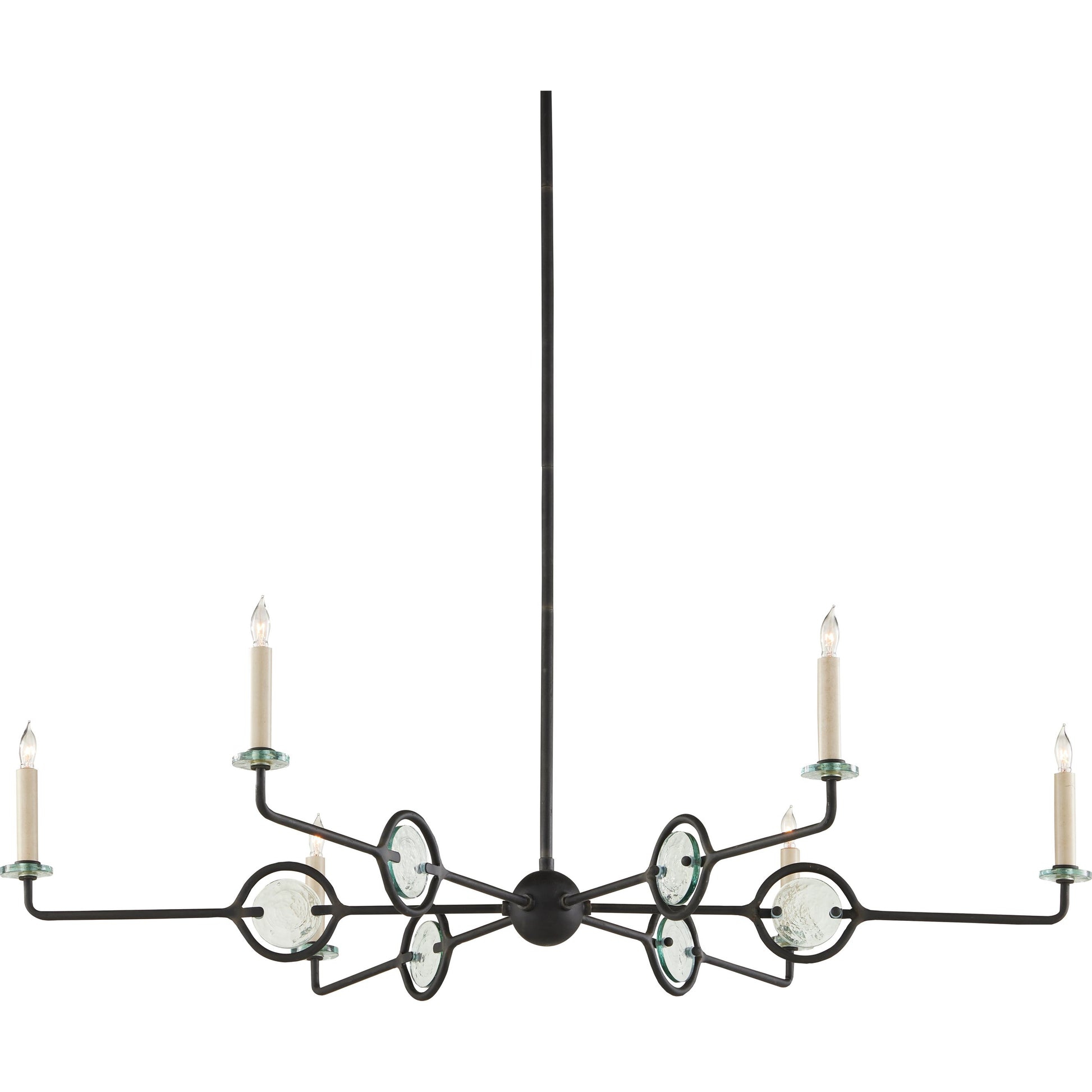 Privateer Chandelier by Currey and Company in blacksmith. Made from wrought iron, recycled glass in a modern style.