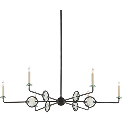 Privateer Chandelier by Currey and Company in blacksmith. Made from wrought iron, recycled glass in a modern style.