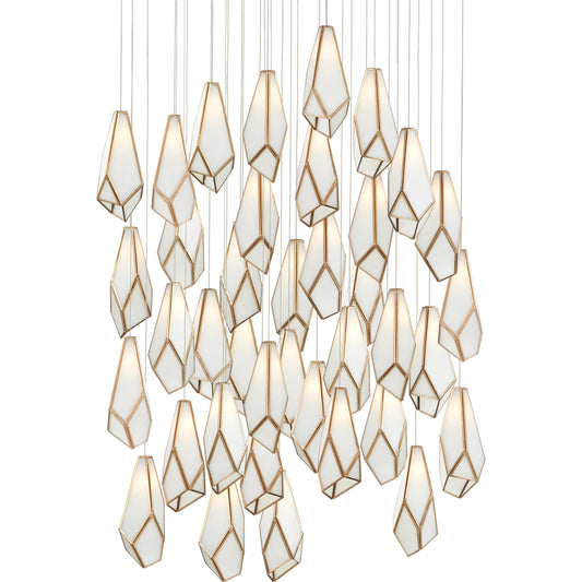Glace 36-LIGHT Multi-Drop Pendant by Currey and Company in white, antique brass, silver. Made from glass, iron in a modern style.