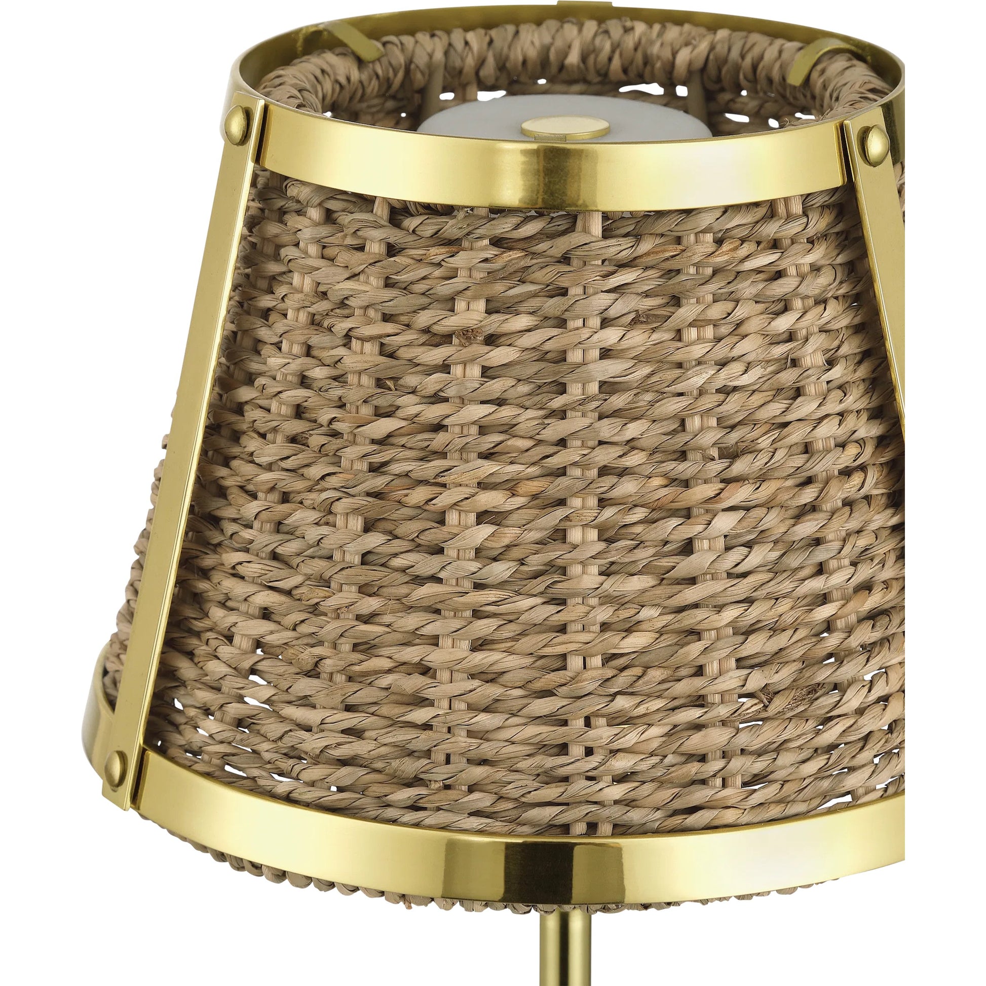 Deauville Cordless Table Lamp by Currey and Company in natural, polished brass. Made from seagrass, metal in a rustic style.