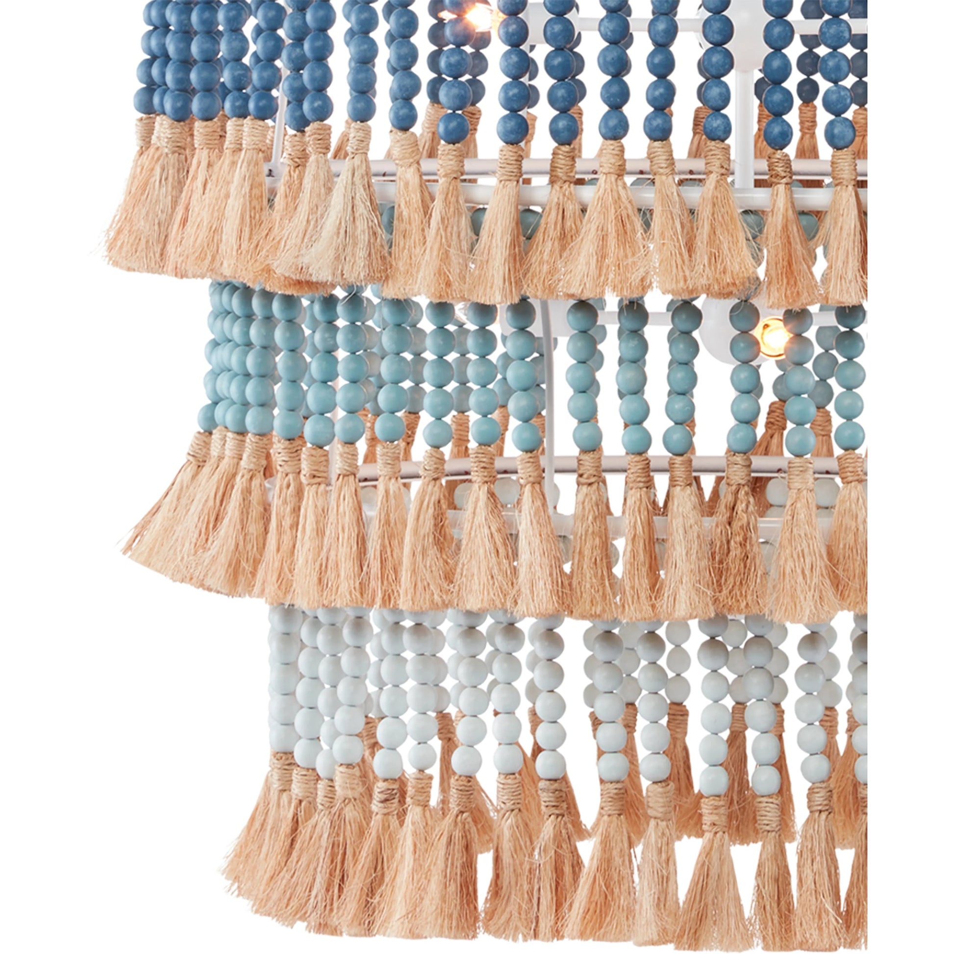 St. Barts Chandelier by Currey and Company in mist blue, demin blue. Made from wrought iron, wood beads, abaca rope in a coastal style.