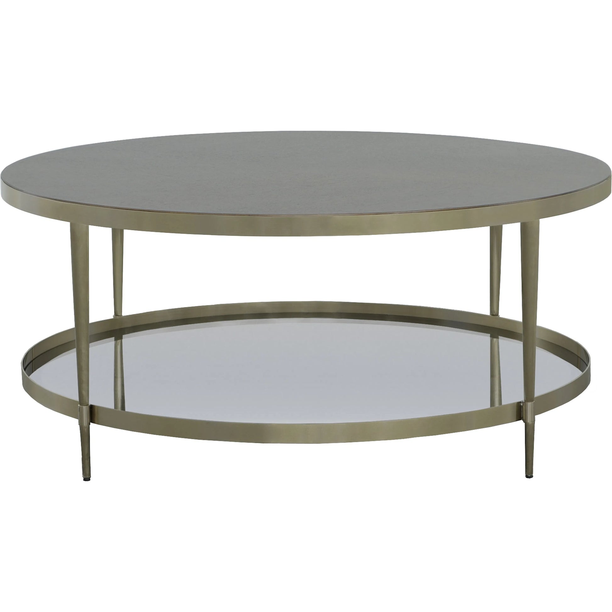 Libby Langdon Marlowe Tiered Round Cocktail Table by Fairfield Chair in brown and smoked stone. Made from stainless steel, walnut solids, veneers in a unique style.