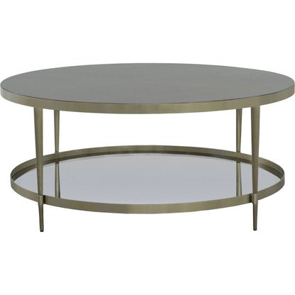 Libby Langdon Marlowe Tiered Round Cocktail Table by Fairfield Chair in brown and smoked stone. Made from stainless steel, walnut solids, veneers in a unique style.