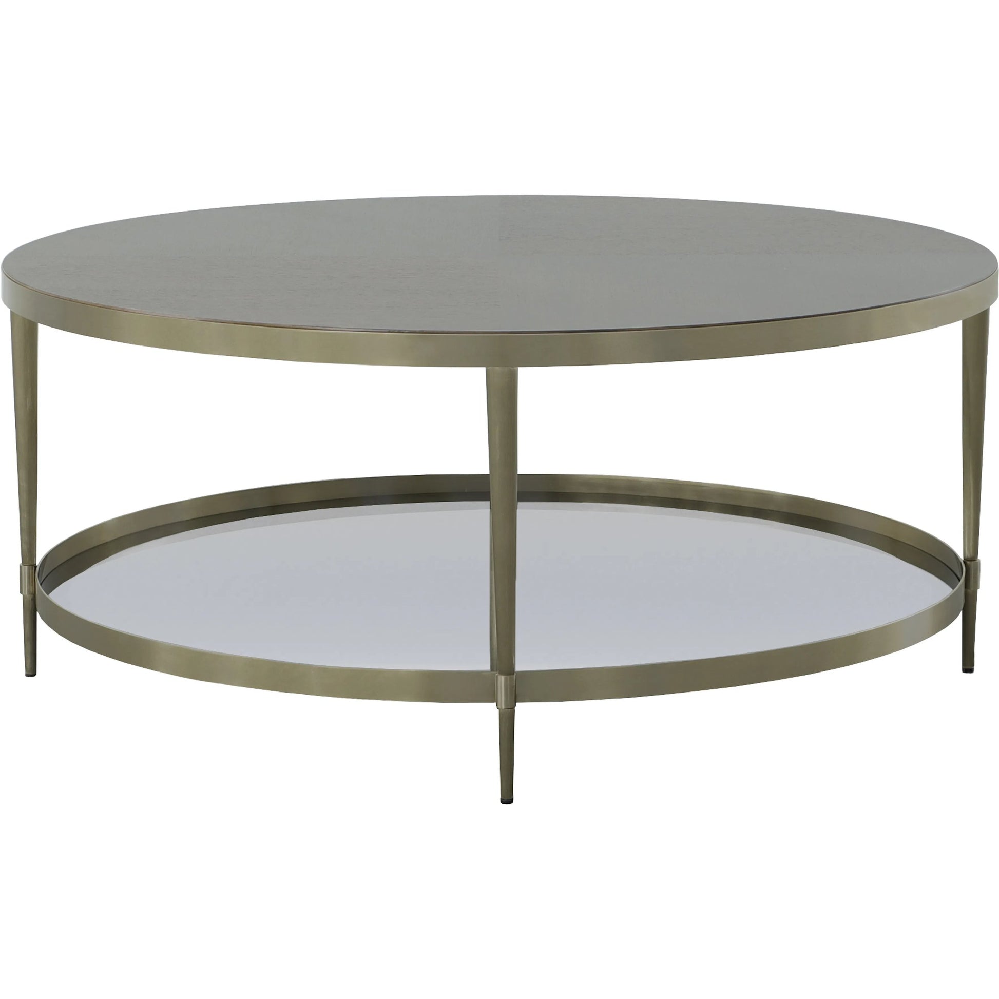 Libby Langdon Marlowe Tiered Round Cocktail Table by Fairfield Chair in brown and smoked stone. Made from stainless steel, walnut solids, veneers in a unique style.