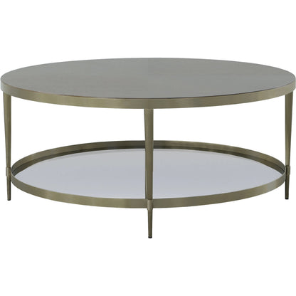 Libby Langdon Marlowe Tiered Round Cocktail Table by Fairfield Chair in brown and smoked stone. Made from stainless steel, walnut solids, veneers in a unique style.