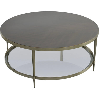 Libby Langdon Marlowe Tiered Round Cocktail Table by Fairfield Chair in brown and smoked stone. Made from stainless steel, walnut solids, veneers in a unique style.