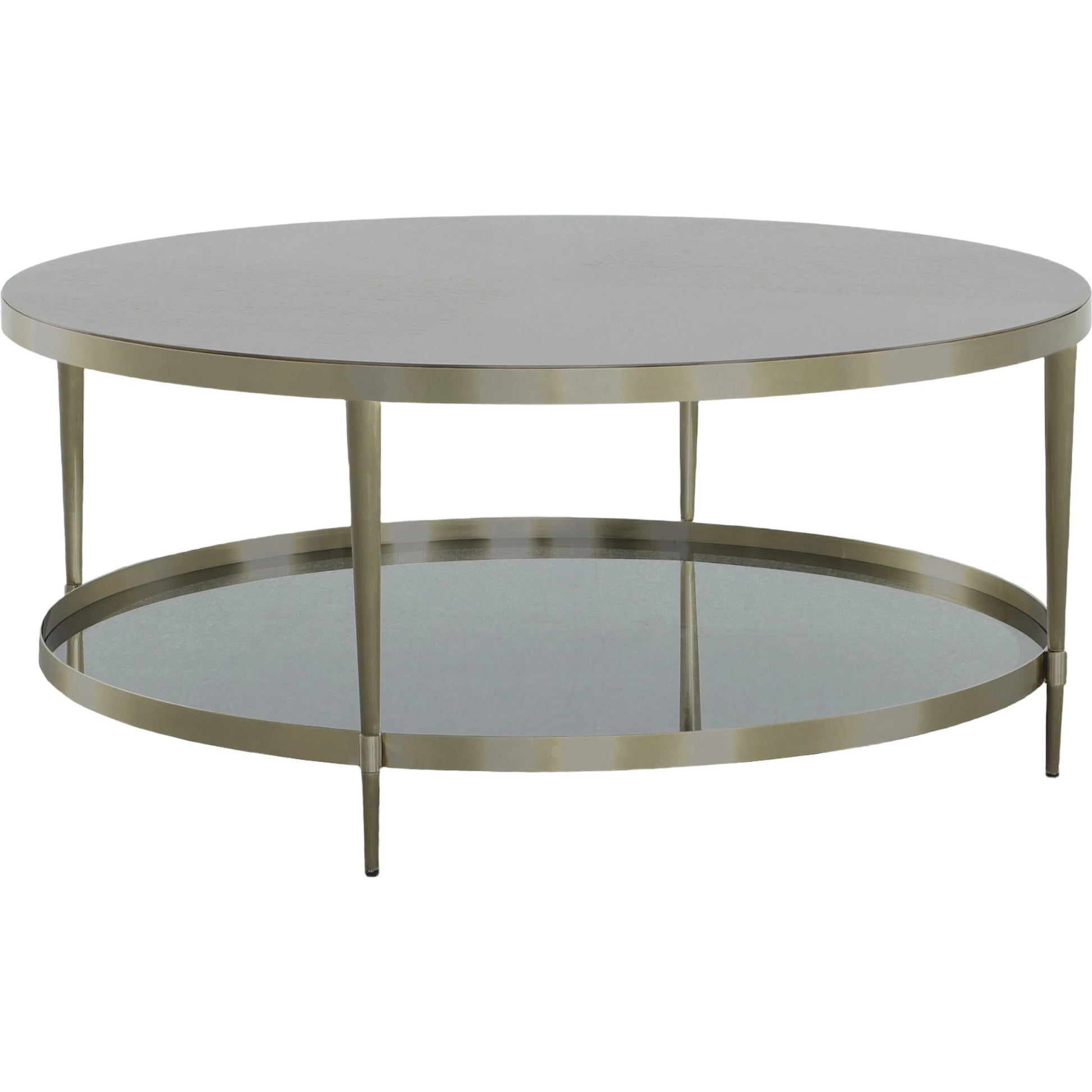 Libby Langdon Marlowe Tiered Round Cocktail Table by Fairfield Chair in brown and smoked stone. Made from stainless steel, walnut solids, veneers in a unique style.