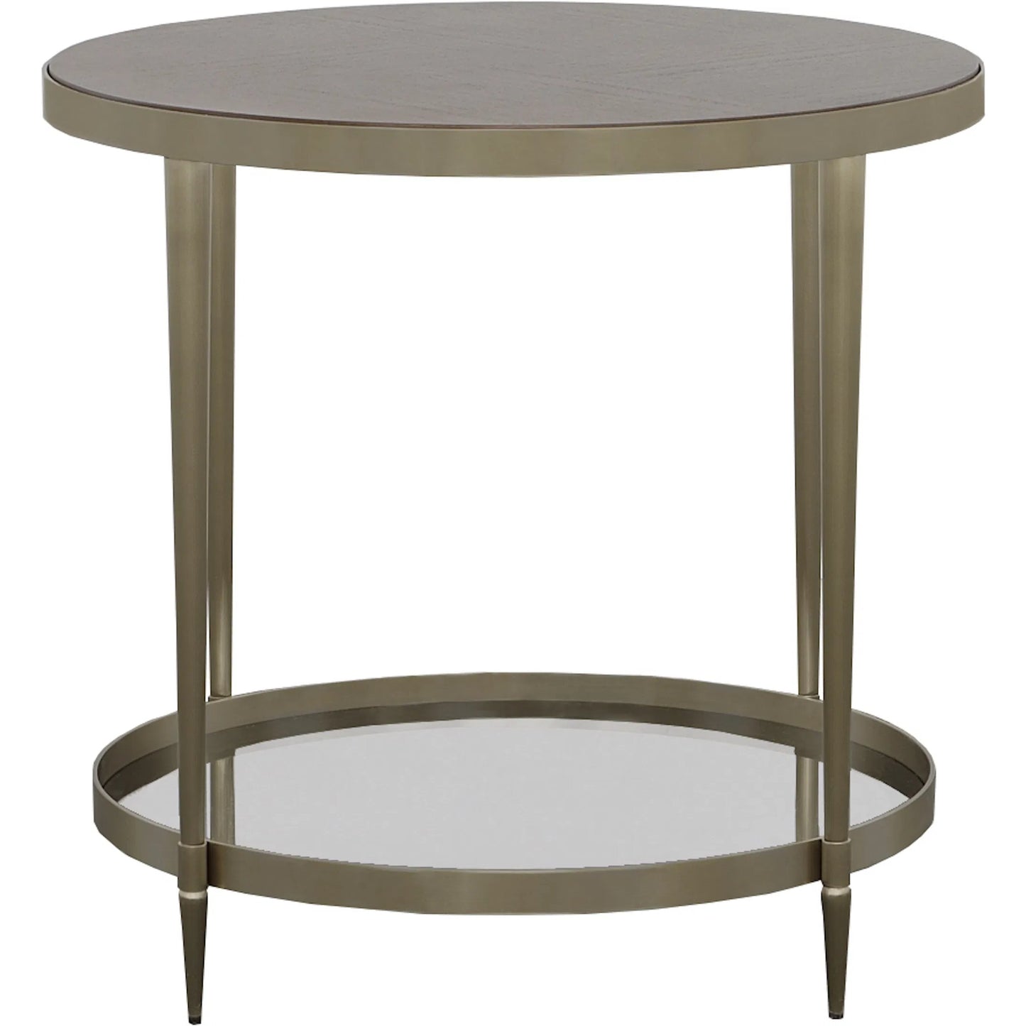 001 SI-2635730 | Additional Silo | Libby Langdon Marlowe Tiered Round End Table by Fairfield Chair in brown and smoked stone. Made from stainless steel, walnut solids, veneers in a unique style.