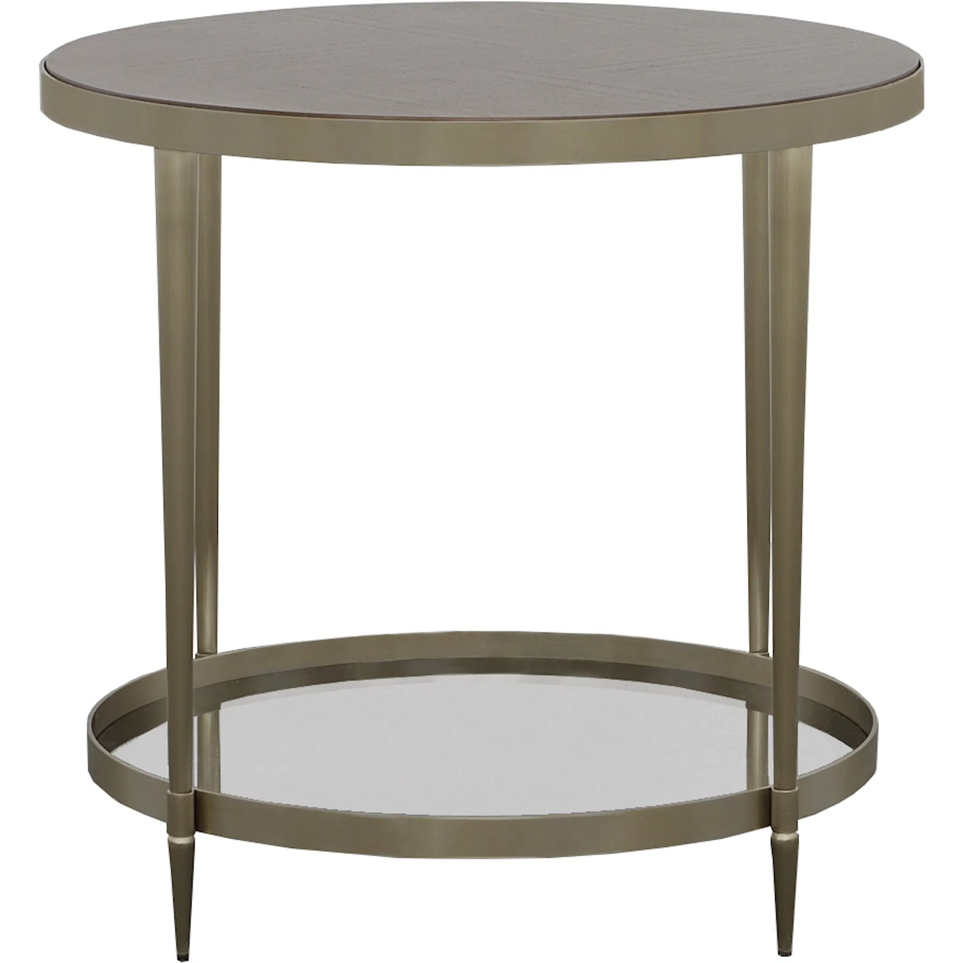 Libby Langdon Marlowe Tiered Round End Table by Fairfield Chair in brown and smoked stone. Made from stainless steel, walnut solids, veneers in a unique style.