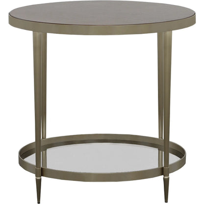 Libby Langdon Marlowe Tiered Round End Table by Fairfield Chair in brown and smoked stone. Made from stainless steel, walnut solids, veneers in a unique style.