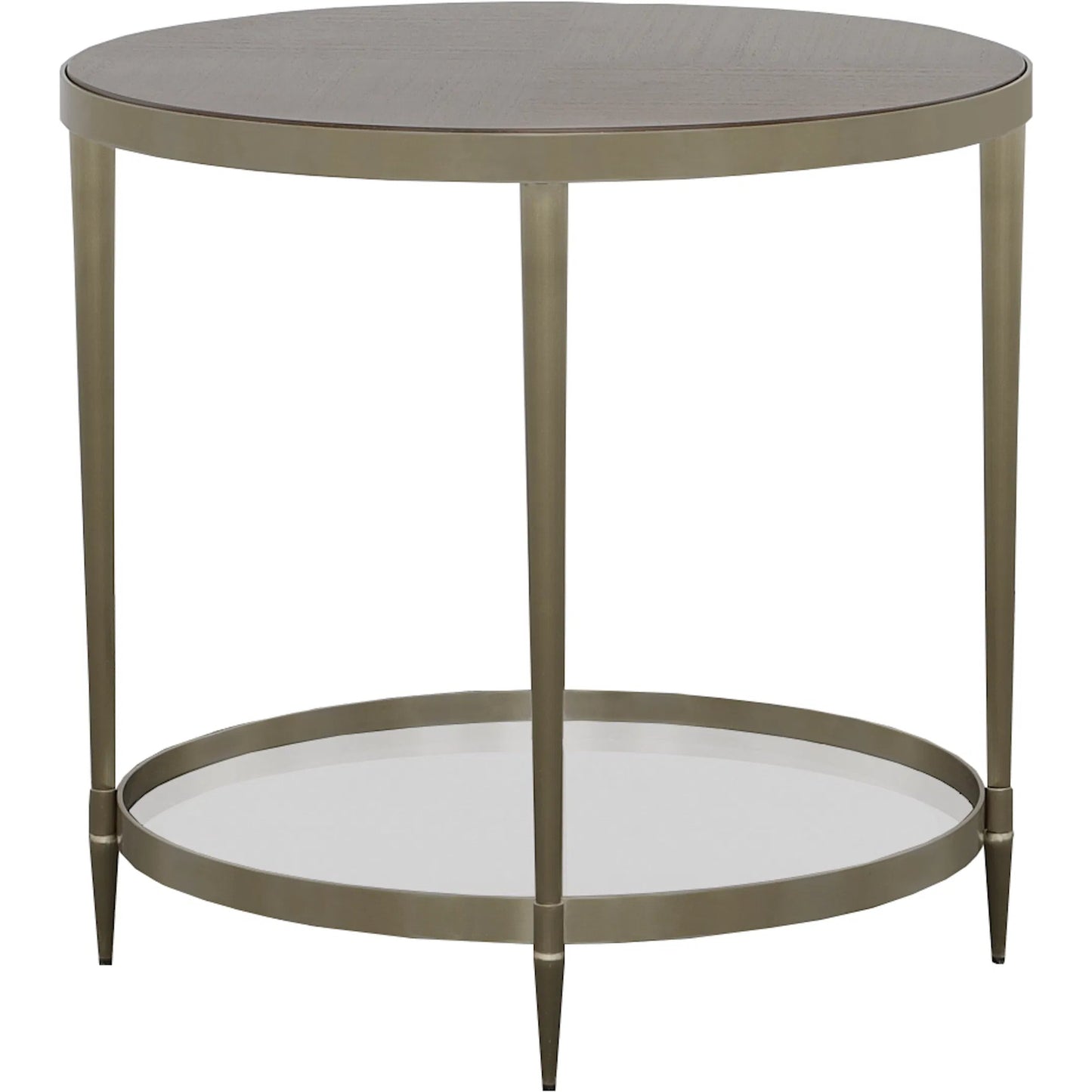 002 SI-2635730 | Additional Silo | Libby Langdon Marlowe Tiered Round End Table by Fairfield Chair in brown and smoked stone. Made from stainless steel, walnut solids, veneers in a unique style.
