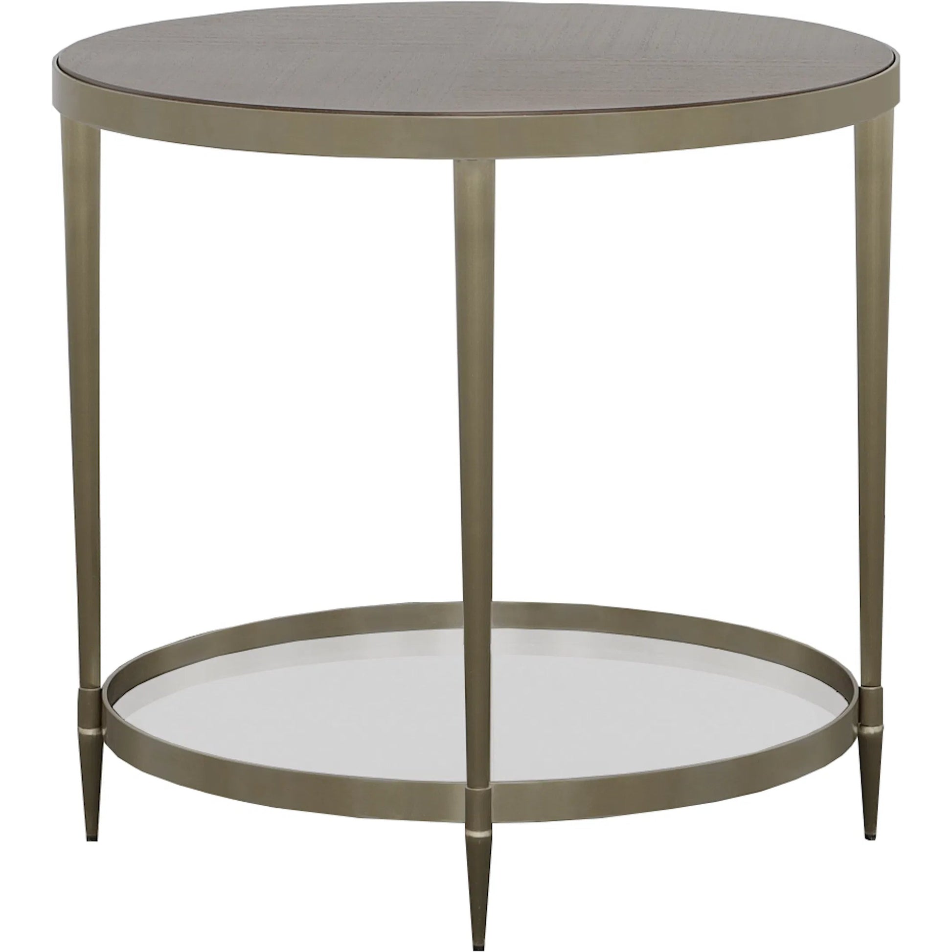 Libby Langdon Marlowe Tiered Round End Table by Fairfield Chair in brown and smoked stone. Made from stainless steel, walnut solids, veneers in a unique style.