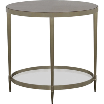 Libby Langdon Marlowe Tiered Round End Table by Fairfield Chair in brown and smoked stone. Made from stainless steel, walnut solids, veneers in a unique style.