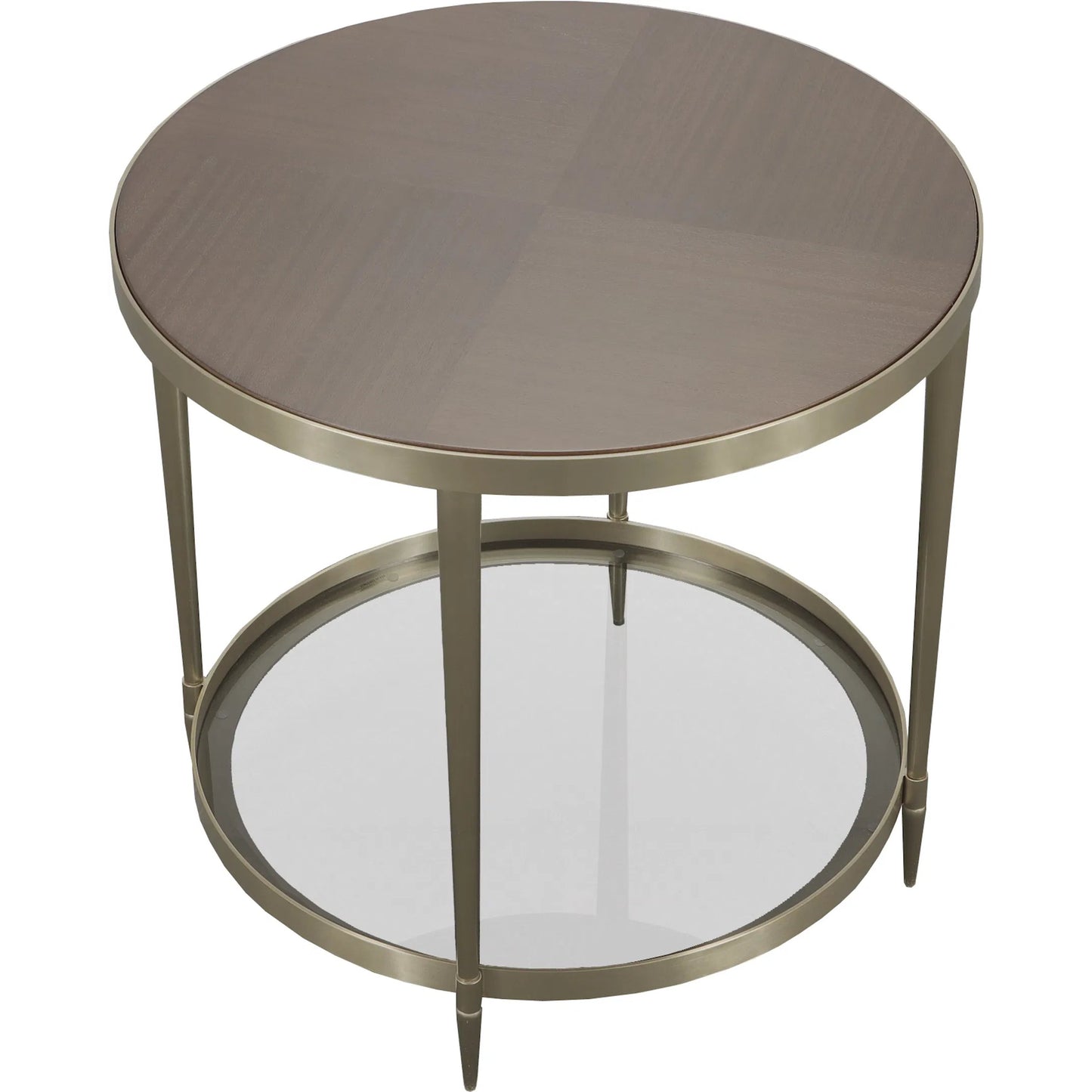 003 SI-2635730 | Additional Silo | Libby Langdon Marlowe Tiered Round End Table by Fairfield Chair in brown and smoked stone. Made from stainless steel, walnut solids, veneers in a unique style.