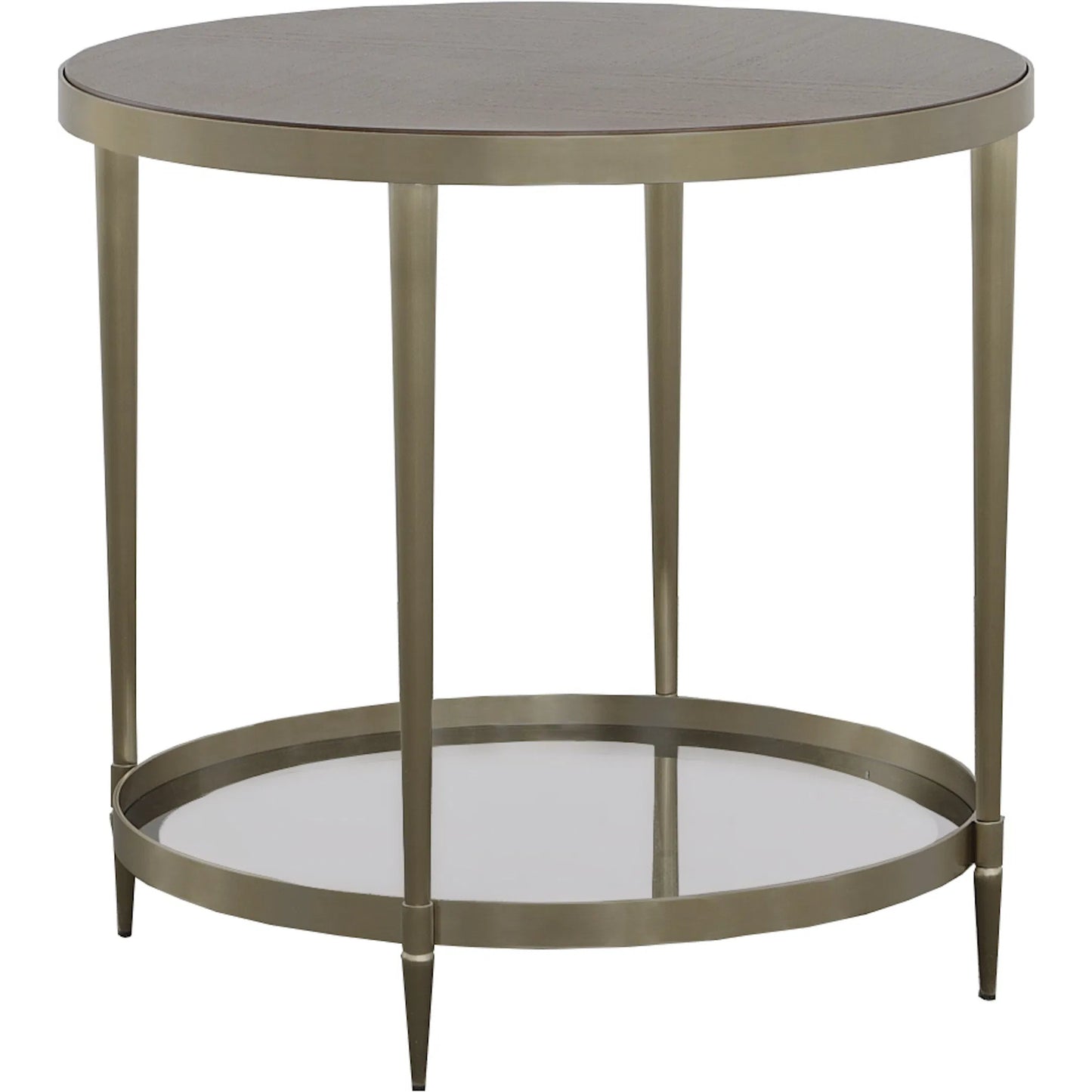000 SI-2635730 | Primary Silo | Libby Langdon Marlowe Tiered Round End Table by Fairfield Chair in brown and smoked stone. Made from stainless steel, walnut solids, veneers in a unique style.