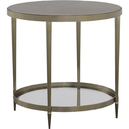 Libby Langdon Marlowe Tiered Round End Table by Fairfield Chair in brown and smoked stone. Made from stainless steel, walnut solids, veneers in a unique style.