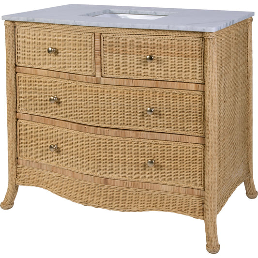 McLean Bathroom Vanity by Butler Specialty Company in natural and natural rattan. Made from plywood, acacia wood, mdf, carrara marble, rattan in a unique style.