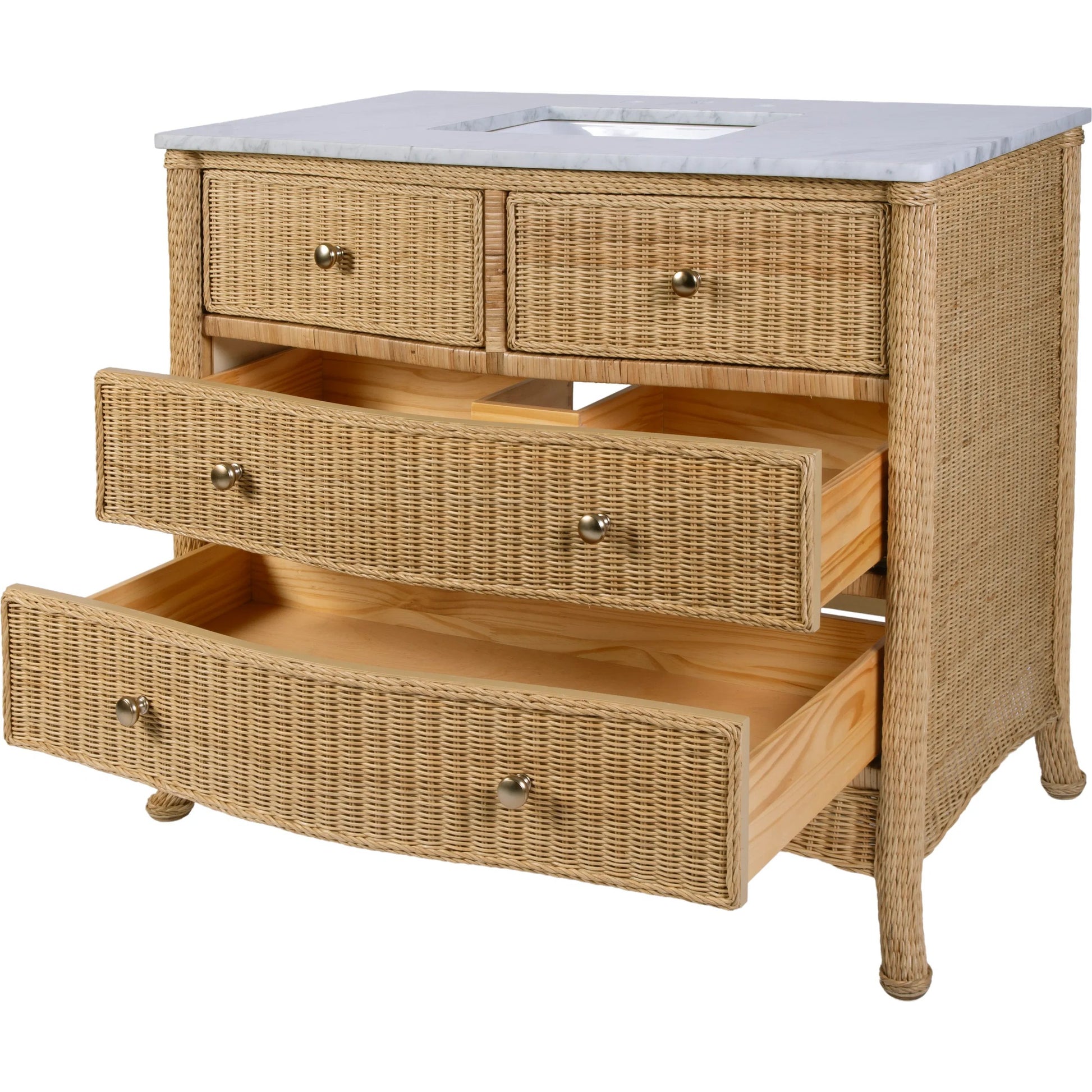 McLean Bathroom Vanity by Butler Specialty Company in natural and natural rattan. Made from plywood, acacia wood, mdf, carrara marble, rattan in a unique style.