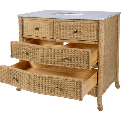 McLean Bathroom Vanity by Butler Specialty Company in natural and natural rattan. Made from plywood, acacia wood, mdf, carrara marble, rattan in a unique style.