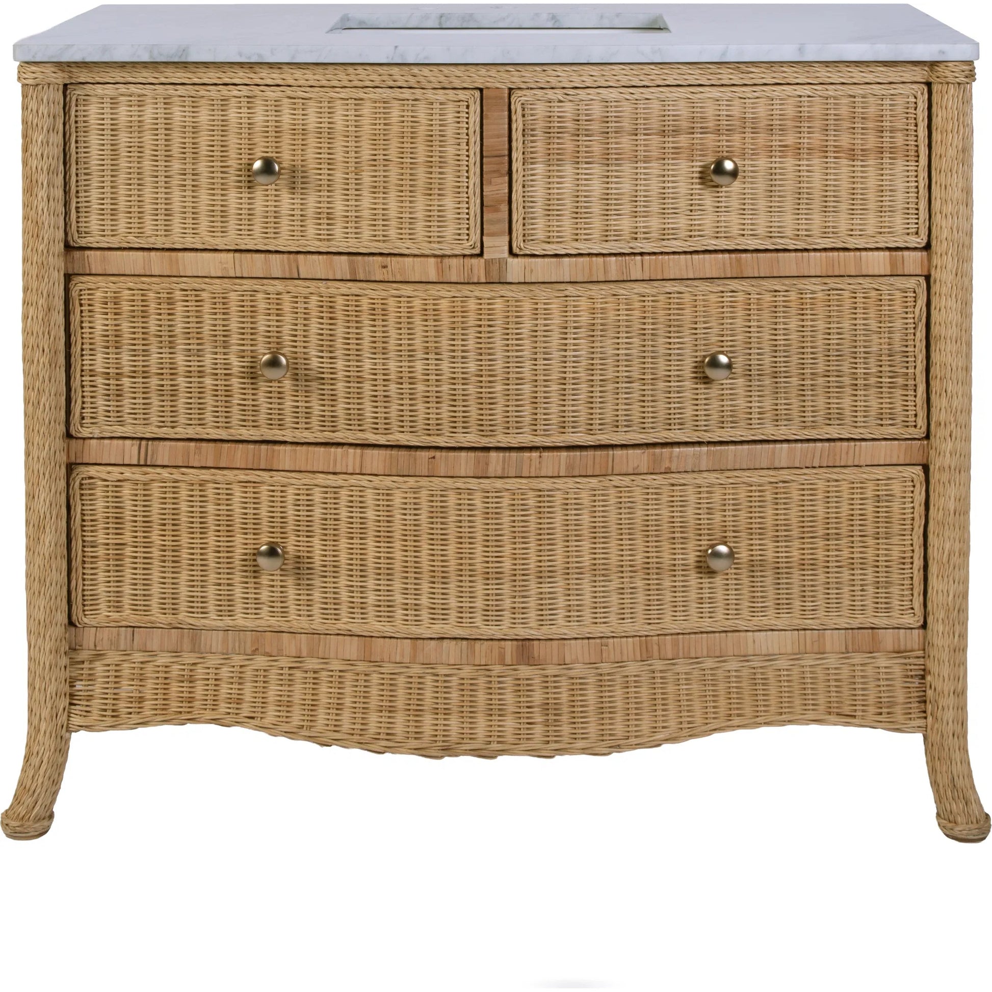 McLean Bathroom Vanity by Butler Specialty Company in natural and natural rattan. Made from plywood, acacia wood, mdf, carrara marble, rattan in a unique style.