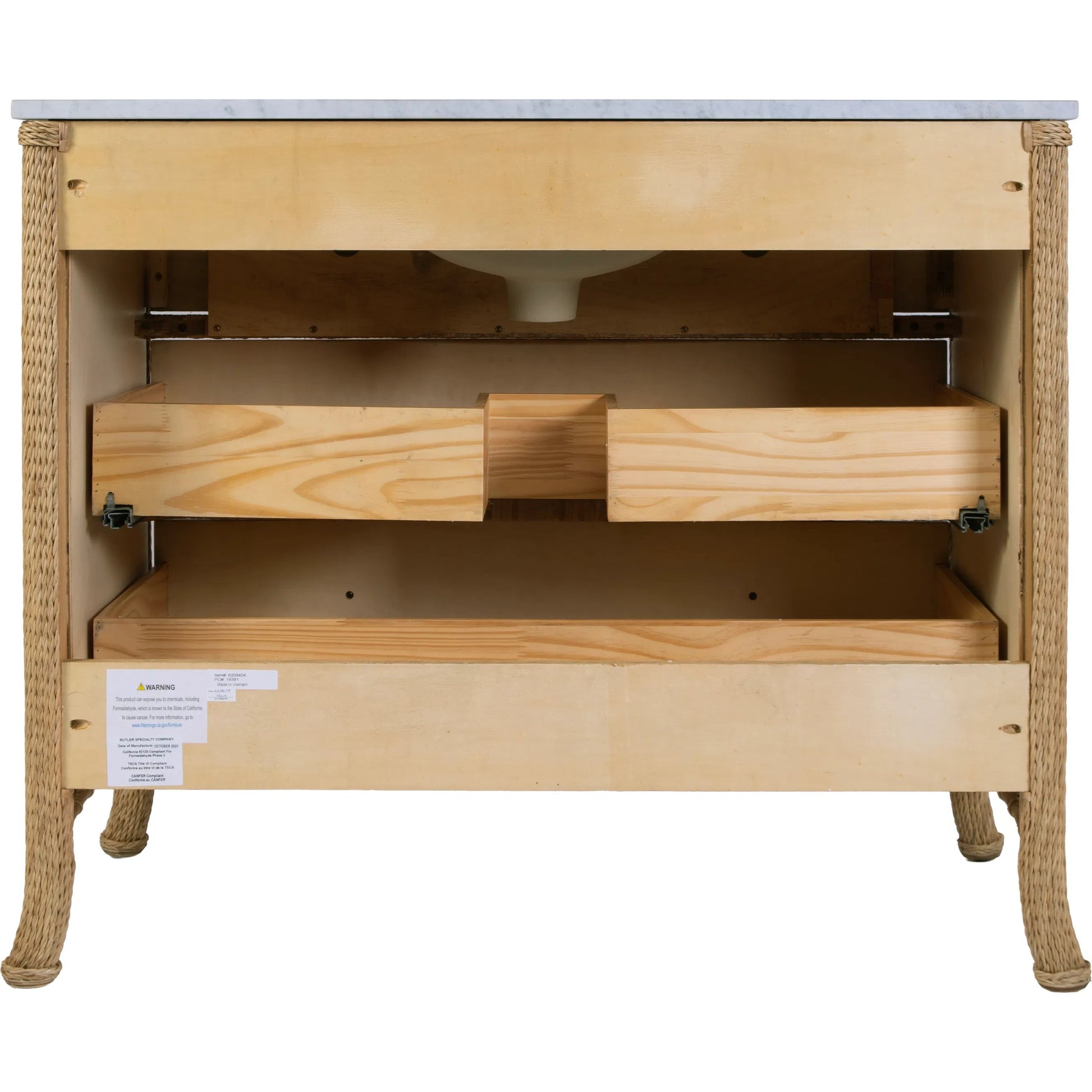 McLean Bathroom Vanity by Butler Specialty Company in natural and natural rattan. Made from plywood, acacia wood, mdf, carrara marble, rattan in a unique style.