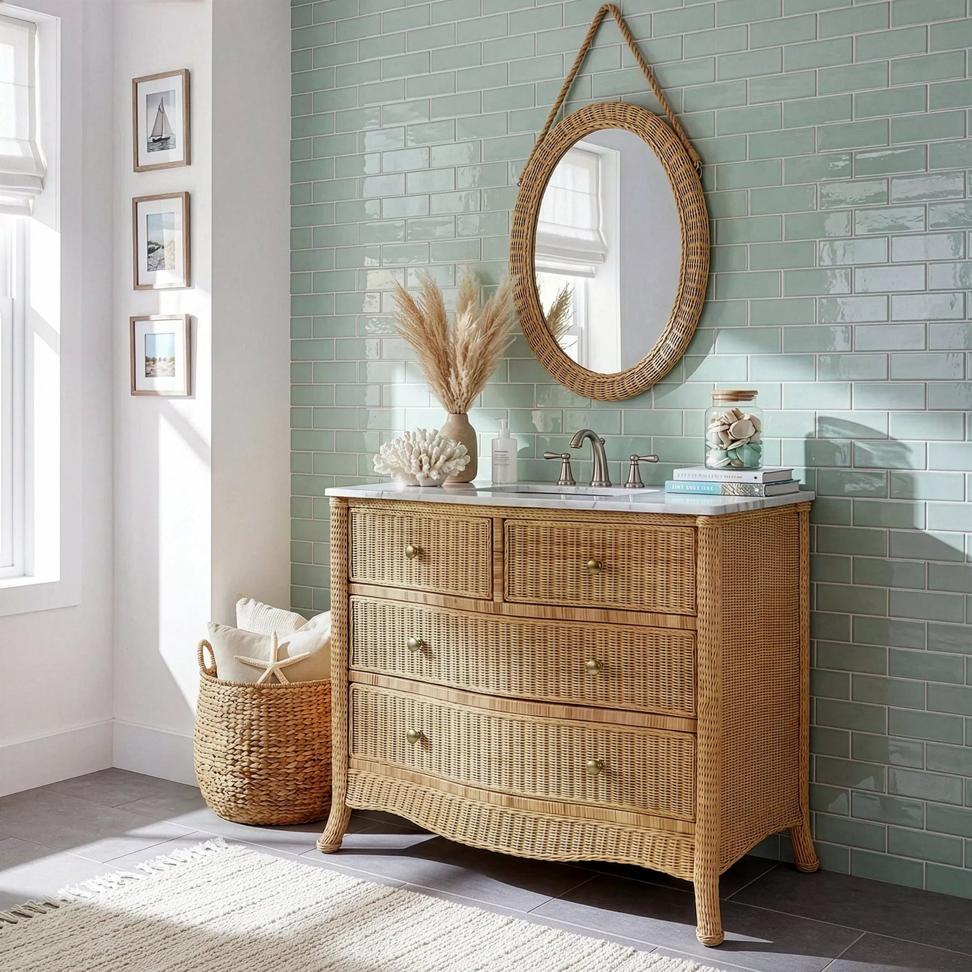 McLean Bathroom Vanity by Butler Specialty Company in natural and natural rattan. Made from plywood, acacia wood, mdf, carrara marble, rattan in a unique style.