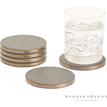 Alpen Coasters by Global Views. Made from mdf, brass, leather, polyester suede in a transitional style.