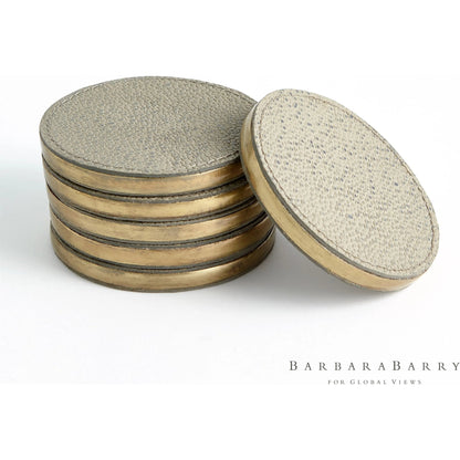 Alpen Coasters by Global Views. Made from mdf, brass, leather, polyester suede in a transitional style.
