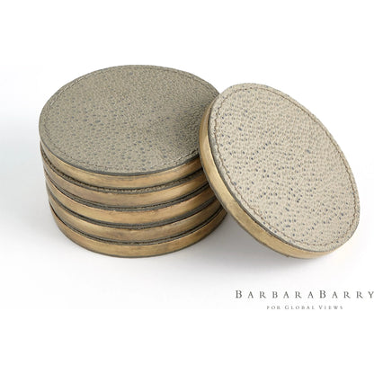 Alpen Coasters by Global Views. Made from mdf, brass, leather, polyester suede in a transitional style.