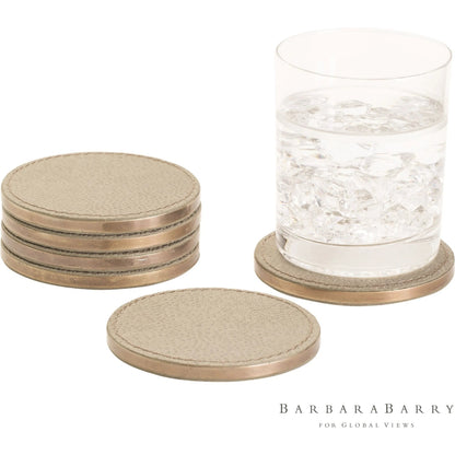 Alpen Coasters by Global Views. Made from mdf, brass, leather, polyester suede in a transitional style.