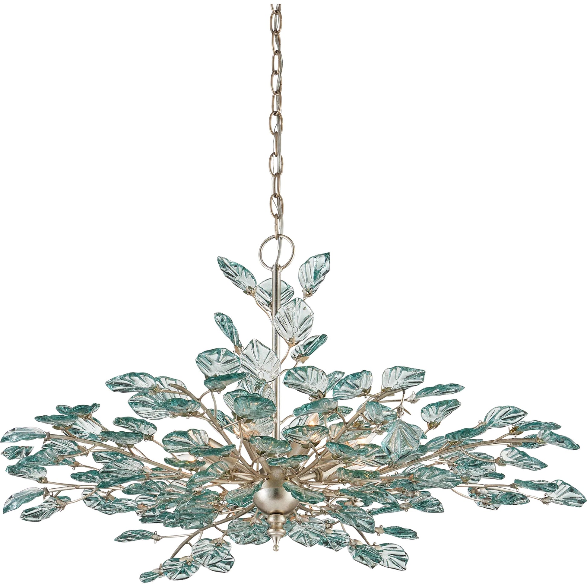 Baobab Chandelier by Currey and Company in clear, contemporary silver leaf. Made from recycled glass, wrought iron in a modern style.