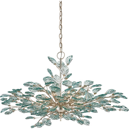 Baobab Chandelier by Currey and Company in clear, contemporary silver leaf. Made from recycled glass, wrought iron in a modern style.