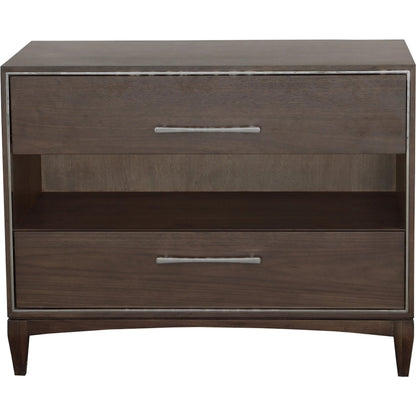 Libby Langdon 2-Drawer Farley Nightstand by Fairfield Chair in brown and smoked stone. Made from walnut solids, veneers in a unique style.
