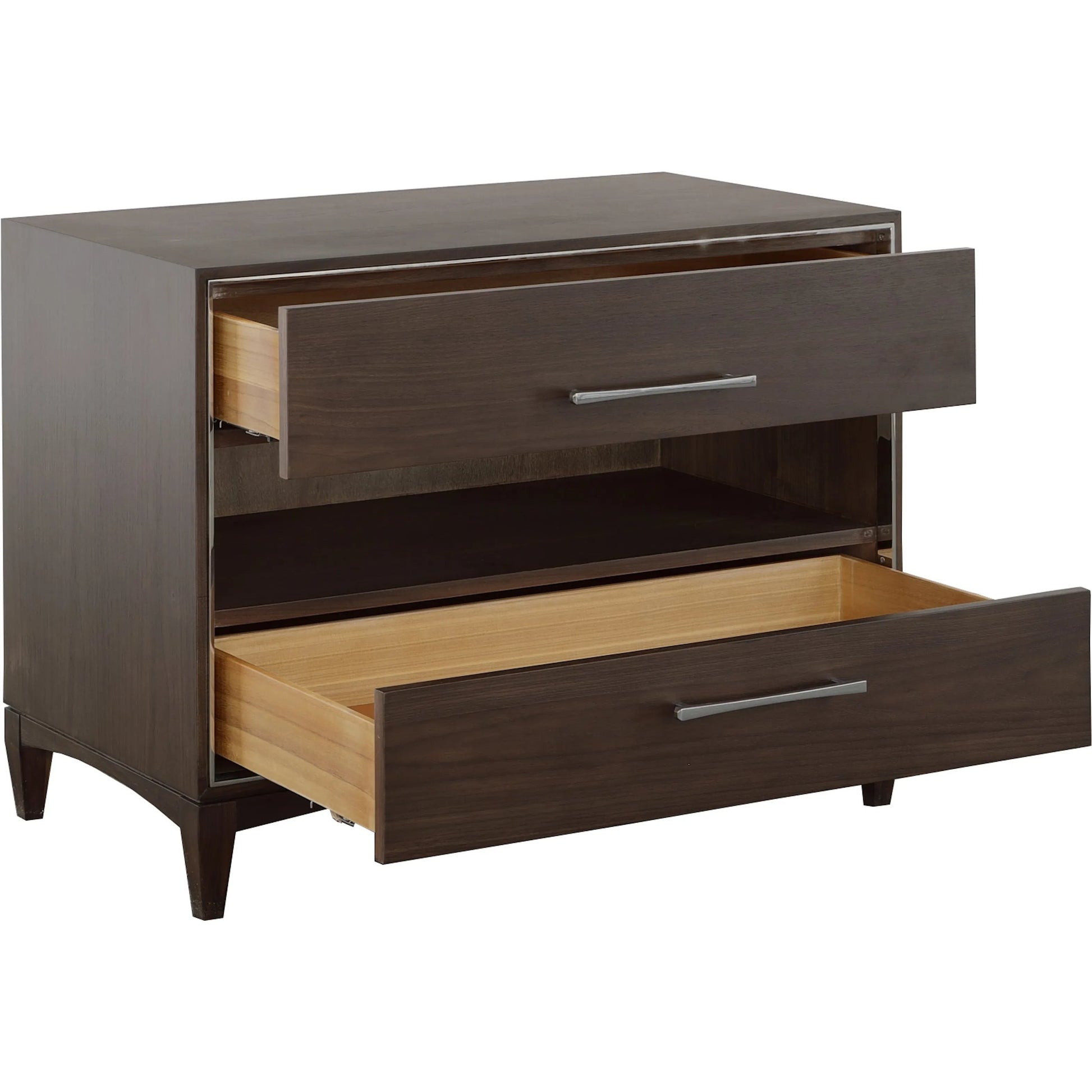 Libby Langdon 2-Drawer Farley Nightstand by Fairfield Chair in brown and smoked stone. Made from walnut solids, veneers in a unique style.
