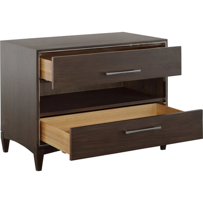 Libby Langdon 2-Drawer Farley Nightstand by Fairfield Chair in brown and smoked stone. Made from walnut solids, veneers in a unique style.