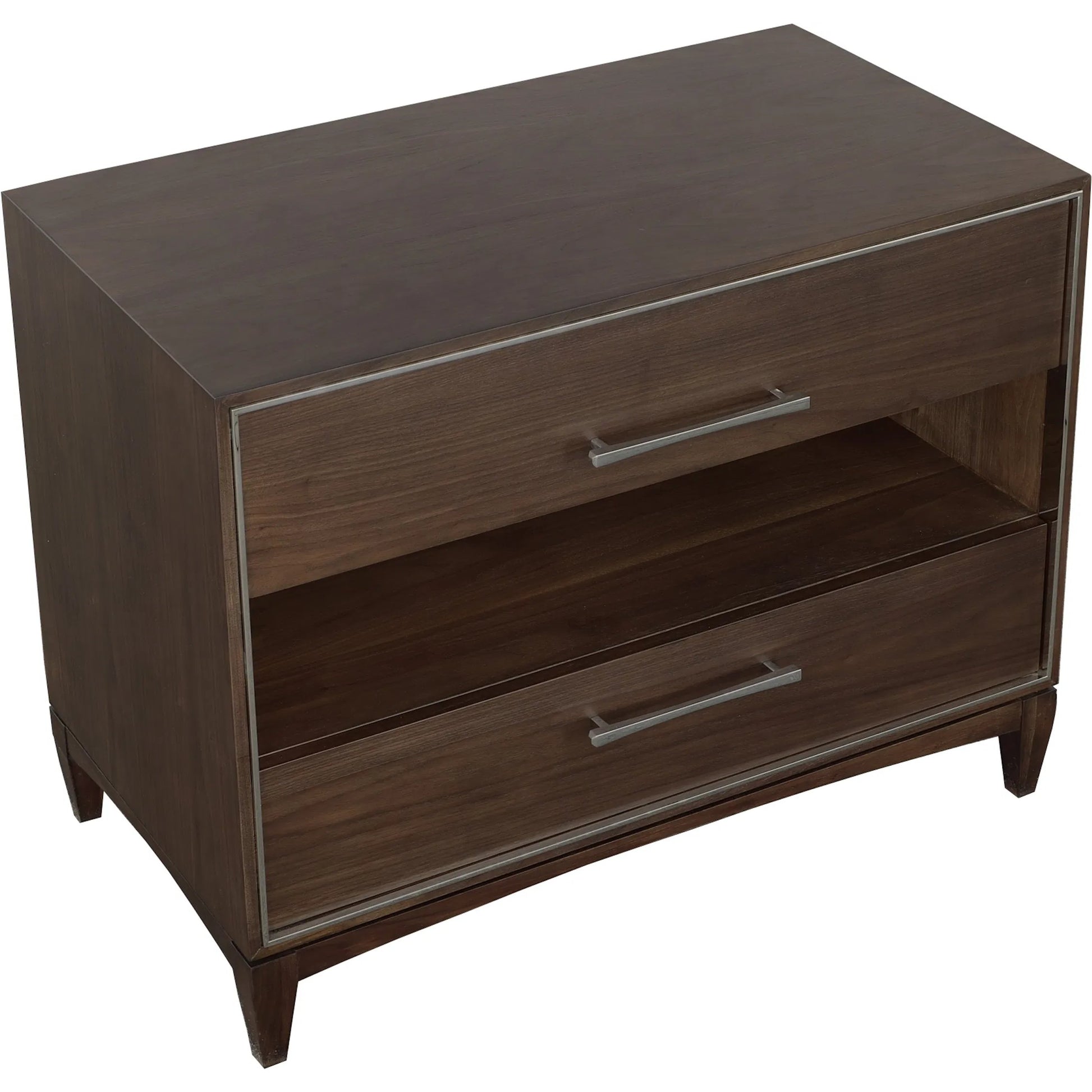 Libby Langdon 2-Drawer Farley Nightstand by Fairfield Chair in brown and smoked stone. Made from walnut solids, veneers in a unique style.