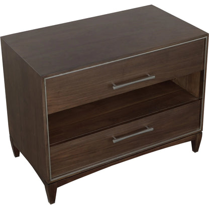 Libby Langdon 2-Drawer Farley Nightstand by Fairfield Chair in brown and smoked stone. Made from walnut solids, veneers in a unique style.