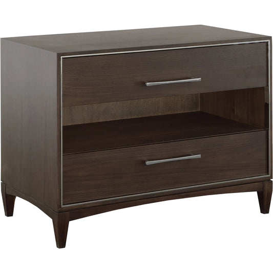 Libby Langdon 2-Drawer Farley Nightstand by Fairfield Chair in brown and smoked stone. Made from walnut solids, veneers in a unique style.