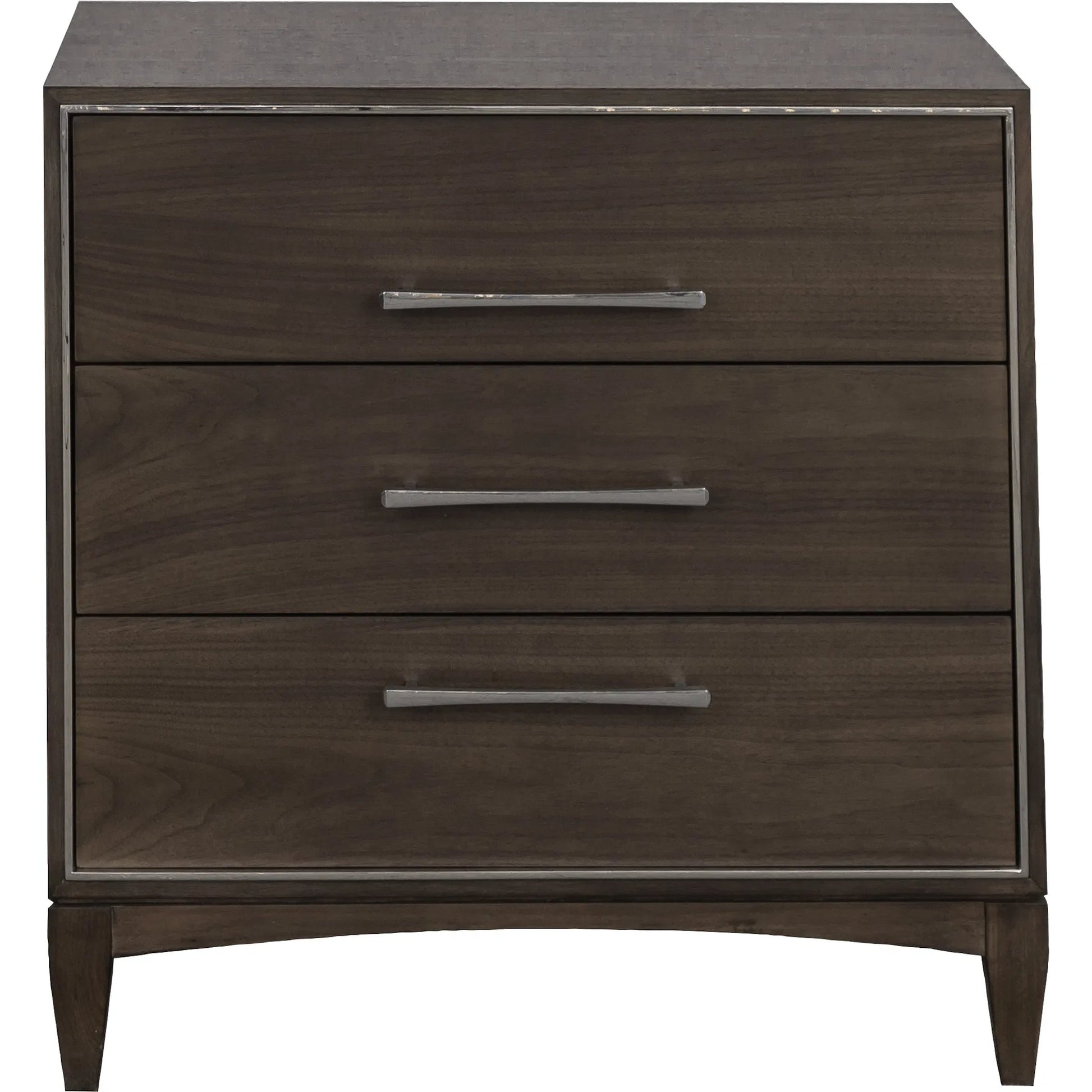 Libby Langdon 3-Drawer Farley Nightstand by Fairfield Chair in brown and smoked stone. Made from walnut solids, veneers in a unique style.