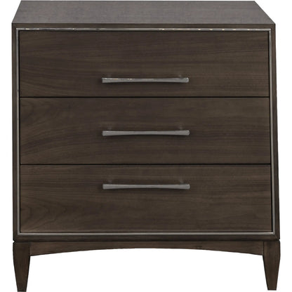 Libby Langdon 3-Drawer Farley Nightstand by Fairfield Chair in brown and smoked stone. Made from walnut solids, veneers in a unique style.