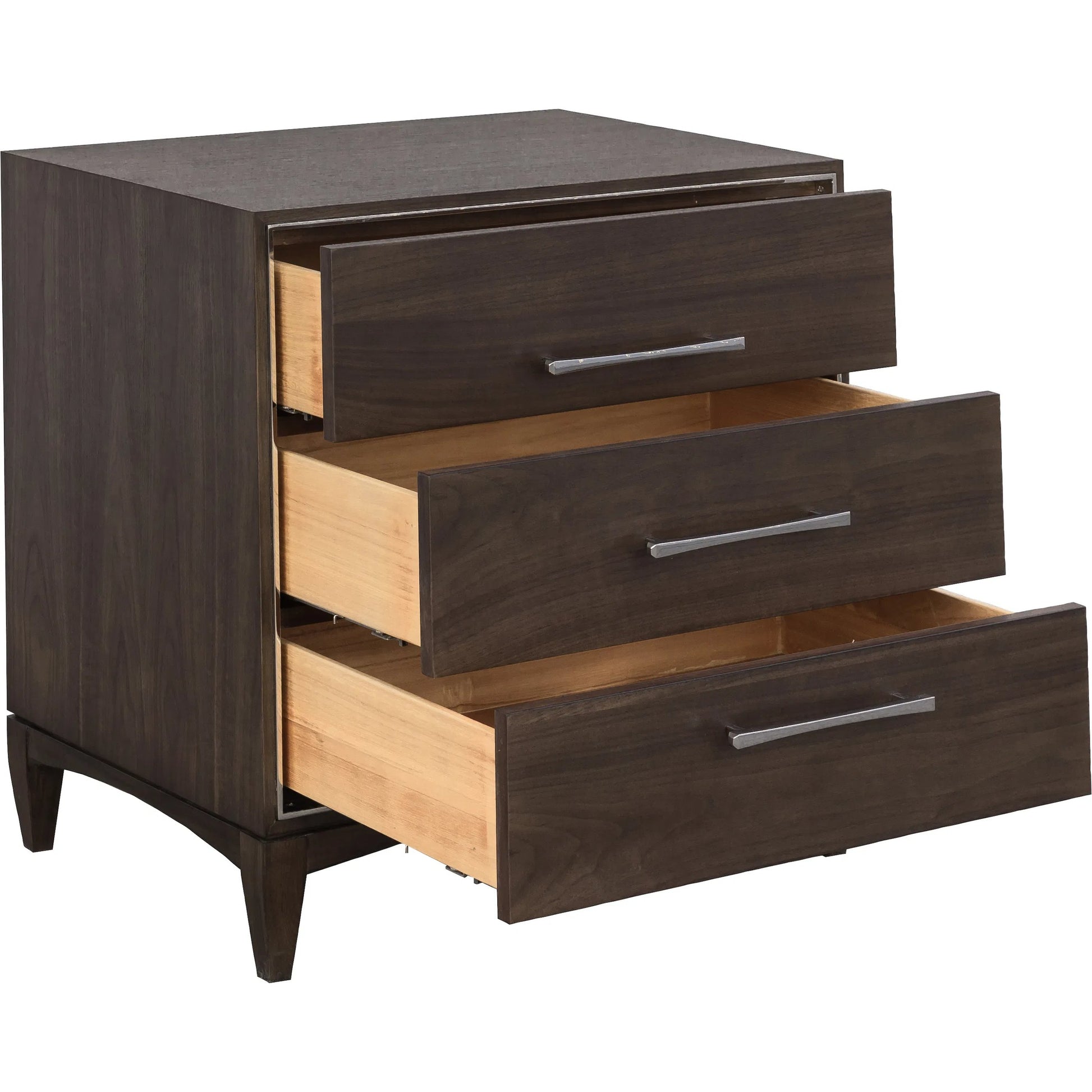 Libby Langdon 3-Drawer Farley Nightstand by Fairfield Chair in brown and smoked stone. Made from walnut solids, veneers in a unique style.