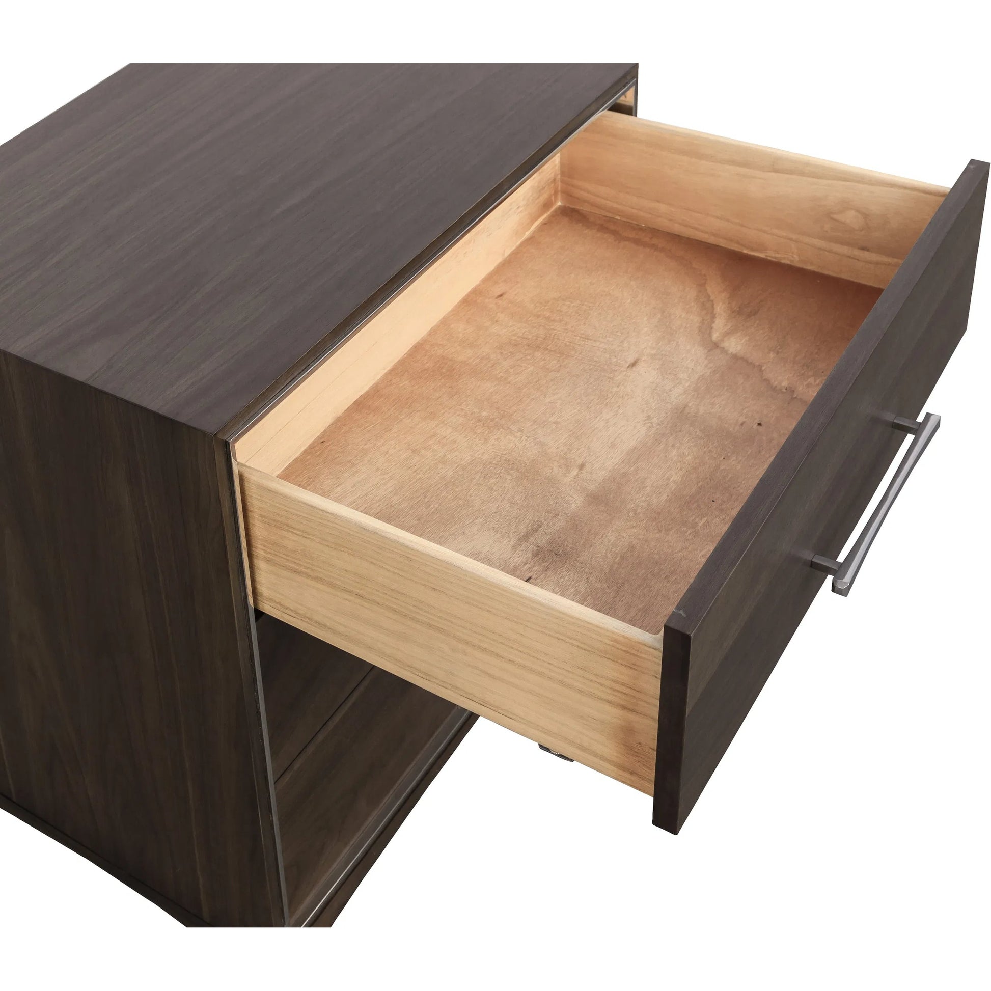 Libby Langdon 3-Drawer Farley Nightstand by Fairfield Chair in brown and smoked stone. Made from walnut solids, veneers in a unique style.