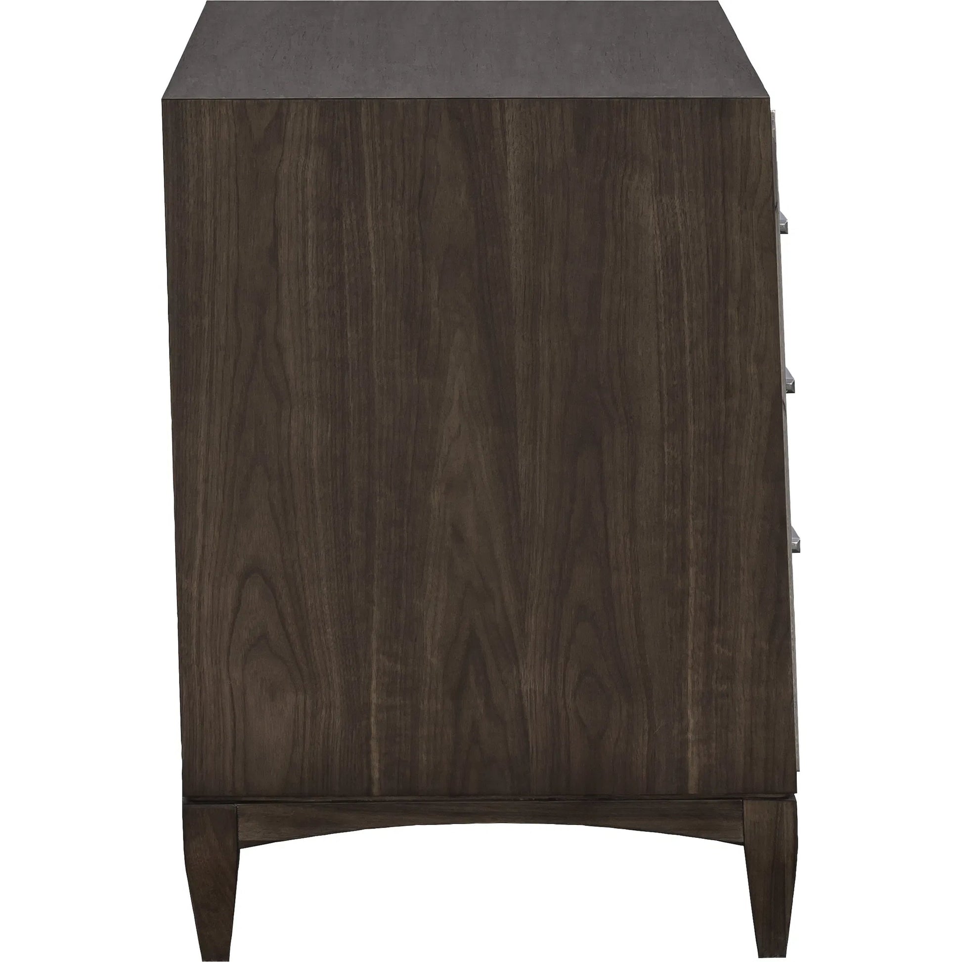 Libby Langdon 3-Drawer Farley Nightstand by Fairfield Chair in brown and smoked stone. Made from walnut solids, veneers in a unique style.