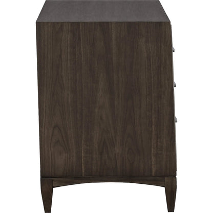 Libby Langdon 3-Drawer Farley Nightstand by Fairfield Chair in brown and smoked stone. Made from walnut solids, veneers in a unique style.