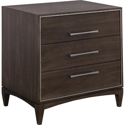 Libby Langdon 3-Drawer Farley Nightstand by Fairfield Chair in brown and smoked stone. Made from walnut solids, veneers in a unique style.