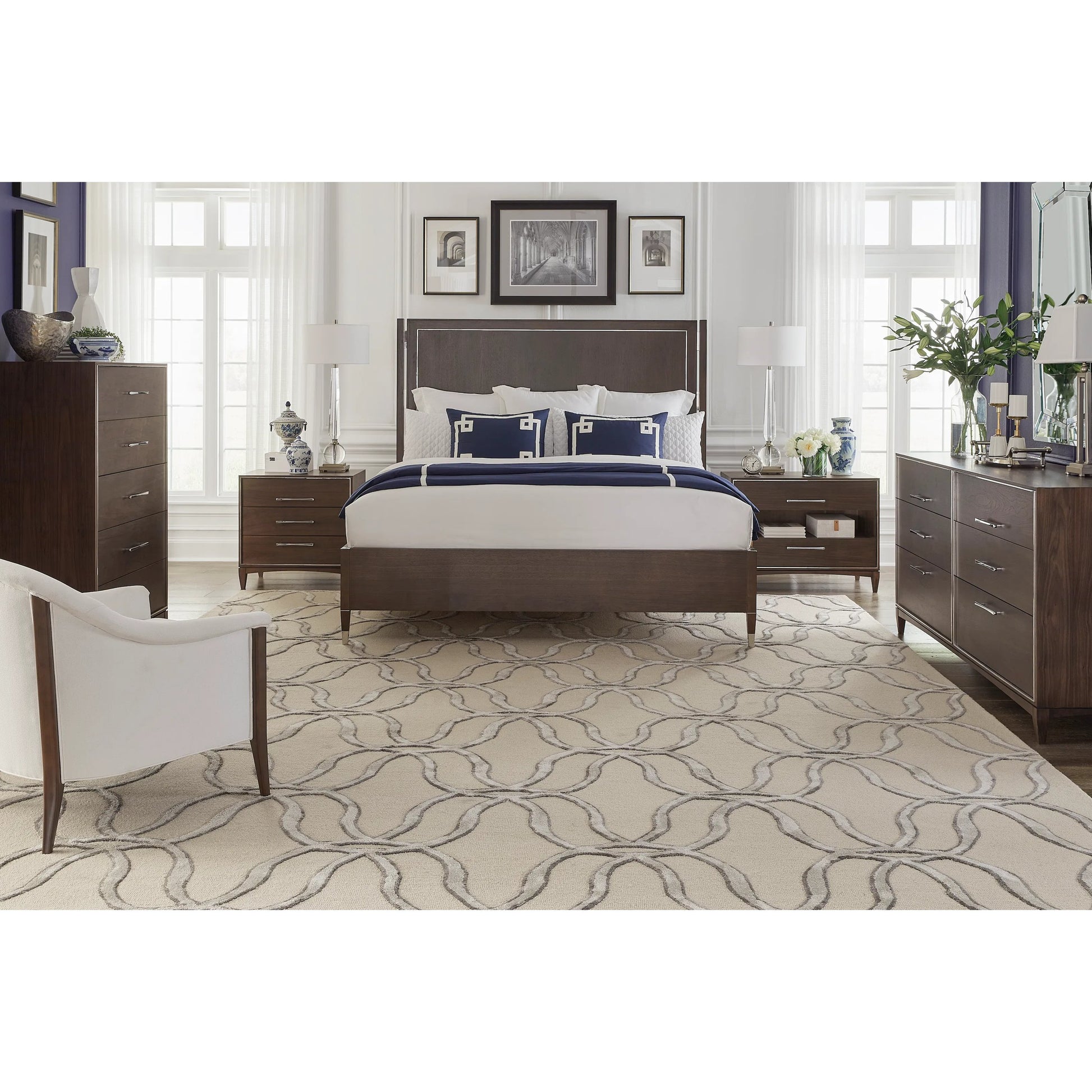 Libby Langdon 2-Drawer Farley Nightstand by Fairfield Chair in brown and smoked stone. Made from walnut solids, veneers in a unique style.