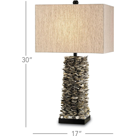 Villamare Table Lamp by Currey and Company in natural, satin black. Made from shell, concrete, wood in a coastal style.