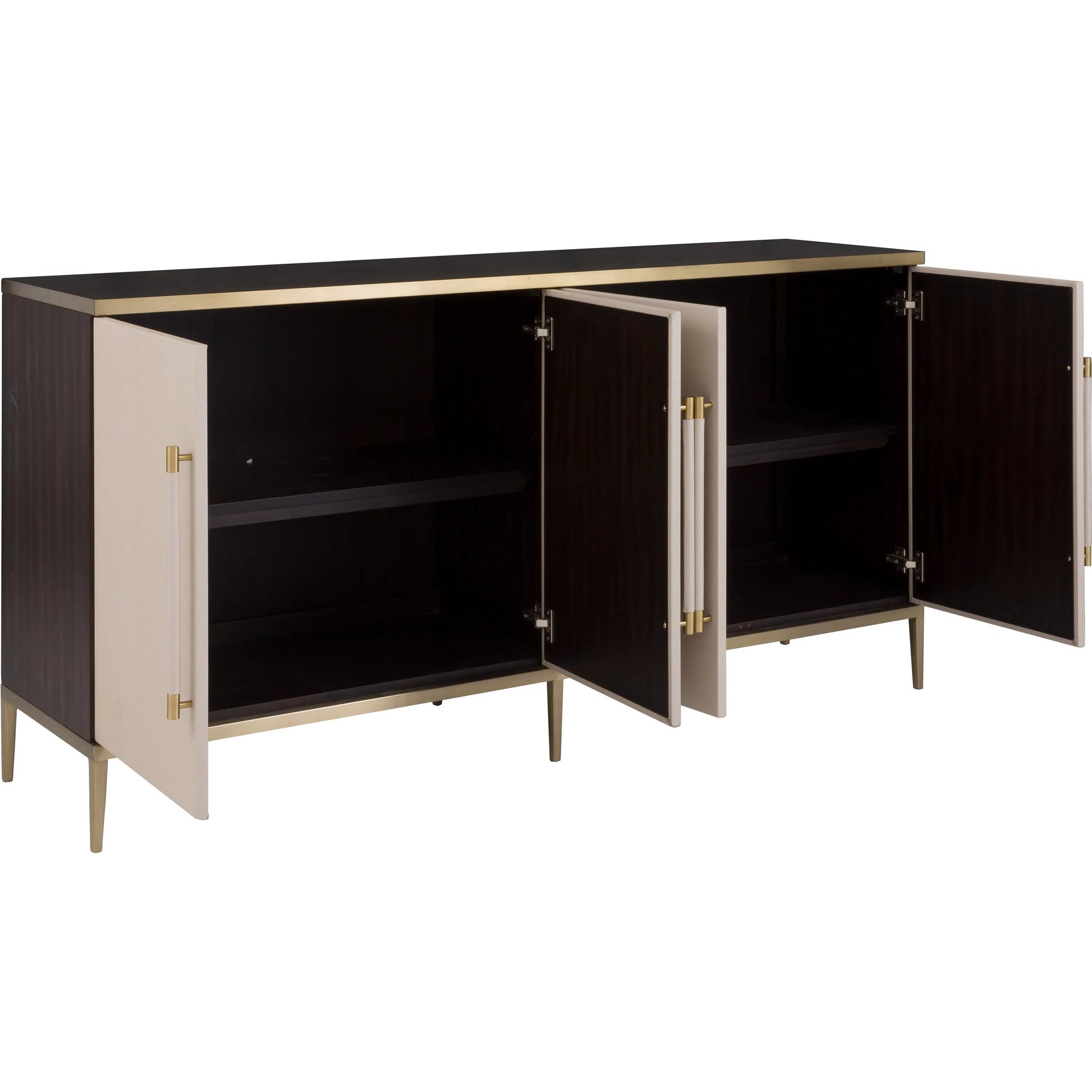 Libby Langdon Hempstead Credenza by Fairfield Chair in brown and dark sable. Made from walnut solids, veneers in a unique style.